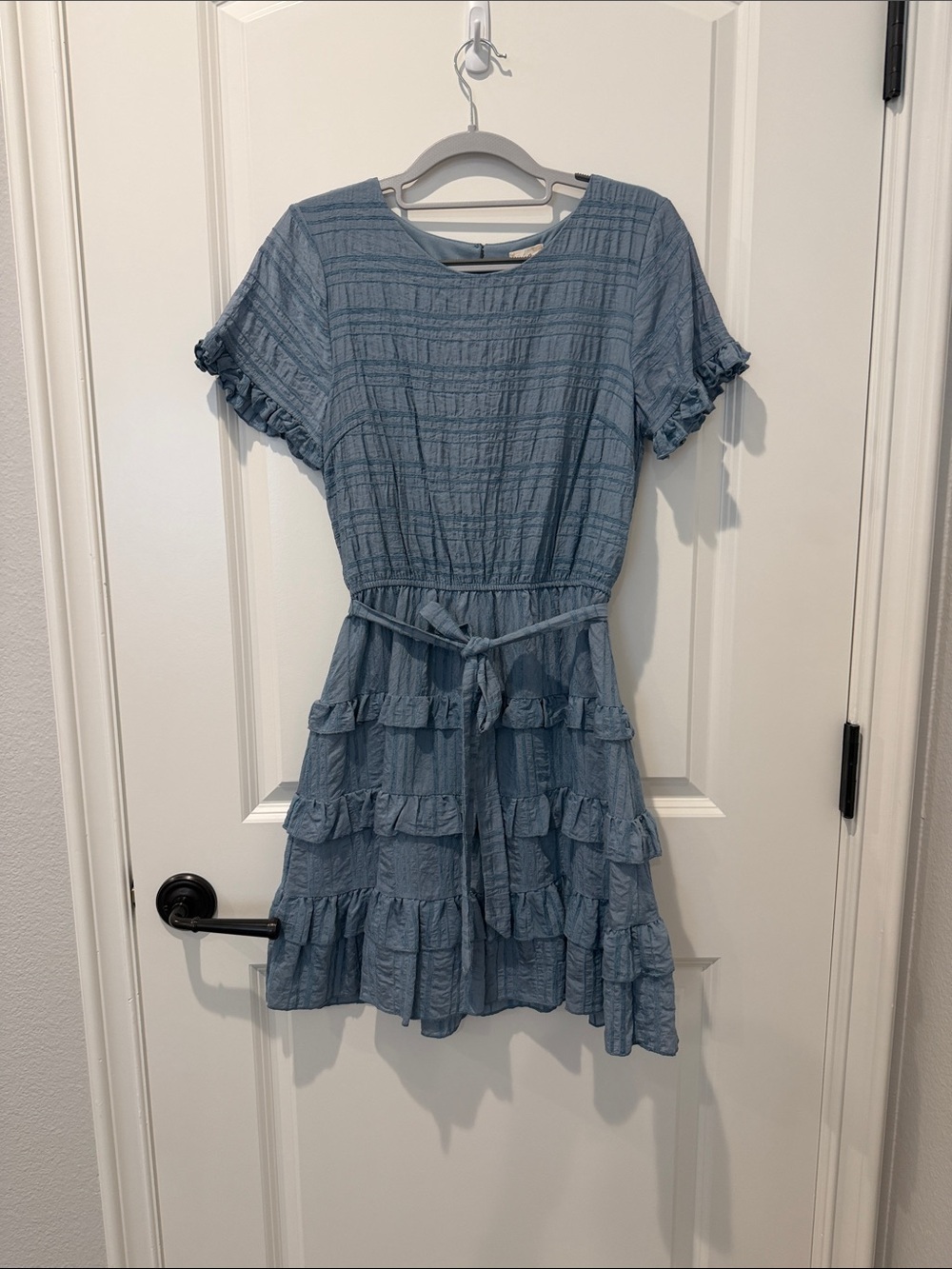 Hem & Thread Women’s Ruffled Short Sleeve Tie-Waist Dress - Light Blue size S